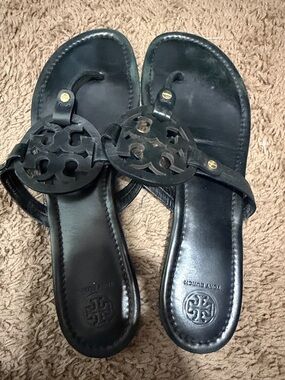 Tory Burch Black Miller Logo Leather Sandals size 11